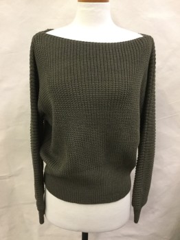 Womens, Pullover, N/L, Olive Green, Acrylic, Solid, M, Rib Knit, Bateau/Boat Neck, Long Sleeves, Lacing/Ties Center Back Waistband,