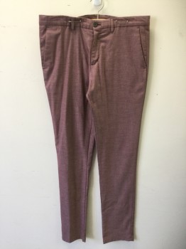 Mens, Casual Pants, ZARA, Red Burgundy, Cotton, Heathered, 34, 34, Flat Front, Zip Fly, 4 Pockets, Belt Loops,