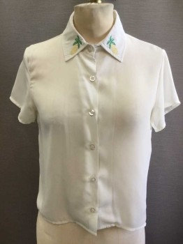 POPPY LUX, Off White, Polyester, Solid, Button Front, Short Sleeves, Sheer, Collar Attached, Pineapple Embroidery on Collar