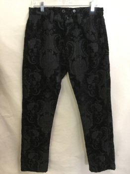 Mens, Casual Pants, SHRINE, Black, Polyester, Cotton, Paisley/Swirls, 34, 32, Black with Black Paisley Brocade, Jean-cut, Zip Front, 4 Pockets