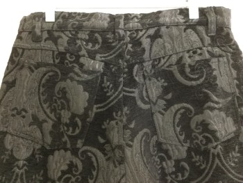 Mens, Casual Pants, SHRINE, Black, Polyester, Cotton, Paisley/Swirls, 34, 32, Black with Black Paisley Brocade, Jean-cut, Zip Front, 4 Pockets