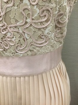 Womens, Cocktail Dress, TED BAKER, Blush Pink, Mauve Pink, Viscose, Polyester, Floral, Solid, 2, Blush Lace Bodice with Pale Mauve Floral/Swirled Passementerie Appliqués, Cap Sleeve, Bateau/Boat Neck, 2" Wide Grosgrain Waistband, Knife Pleated Solid Blush Chiffon Skirt, Back Has Large Rectangular Collar, 3 Rose Gold Buttons