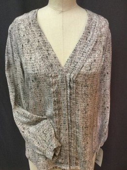 JOIE, Tan Brown, Cream, Black, Gray, Silk, Abstract , Plaid, Deep V-neck, Pleat Center Font, Button Front, Long Sleeves,