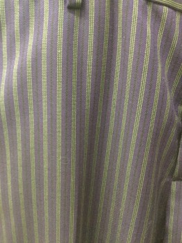 PRADA, Dk Purple, Black, Lime Green, Wool, Stripes, Flat Front, Button Fly, 2 Welt Pocket, Cuffed