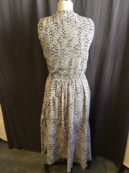 REBECCA TAYLOR, Blush Pink, Black, Charcoal Gray, Silk, Animal Print, Sheer Light Grayish-pink with Black/charcoal Leopard Print, Solid Light Grayish-pink Lining, 3/4 Length, Collar Attached, Hidden Zip Front, & Snap Front, Sleeveless with Smocking Under Arm Front & Back, Bias Cut Full Skirt