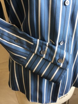 THEORY, Midnight Blue, Black, White, Silk, Stripes - Vertical , Collar Attached, Button Front, 1 Pocket, Long Sleeves,