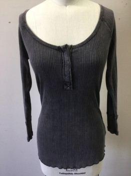 WE THE FREE, Gray, Black, Cotton, Spandex, Stripes, Scoop Neck, Ls, 3 Snap Front, Self Ribbed with Black and Grey Stripes