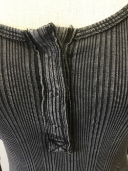 Womens, Top, WE THE FREE, Gray, Black, Cotton, Spandex, Stripes, S, Scoop Neck, Ls, 3 Snap Front, Self Ribbed with Black and Grey Stripes