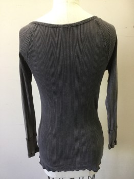 Womens, Top, WE THE FREE, Gray, Black, Cotton, Spandex, Stripes, S, Scoop Neck, Ls, 3 Snap Front, Self Ribbed with Black and Grey Stripes