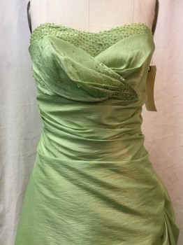 LA SERA , Lt Green, Polyester, Beaded, Solid, Taffeta, Strapless, Pleated & Gathered Bugle Beaded Bust, Ruched Sides, Pinned Up Side, **Matching Shawl