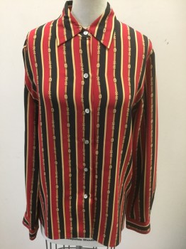 TALBOTS, Red, Black, Goldenrod Yellow, Silk, Stripes - Vertical , Novelty Pattern, Red and Black Vertical Stripes, with Gold Stripes in Between with Novelty "Chain" Pattern, Long Sleeve Button Front, Collar Attached