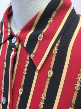 TALBOTS, Red, Black, Goldenrod Yellow, Silk, Stripes - Vertical , Novelty Pattern, Red and Black Vertical Stripes, with Gold Stripes in Between with Novelty "Chain" Pattern, Long Sleeve Button Front, Collar Attached