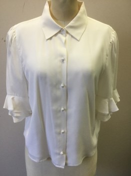 FRAME, Off White, Silk, Solid, Crepe, 3/4 Sleeves with 3 Tiers of Ruffles at Edges, Button Front, Collar Attached, Self Fabric Covered Buttons, Slightly Cropped, Boxy Fit