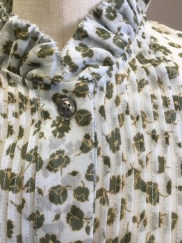 Womens, Blouse, DVF, Lt Blue, Olive Green, Yellow, Silk, Floral, 4, Light Blue Chiffon with Olive and Yellow Small Floral Print, Ruffled Stand Up Collar, Pleated Front  and Back, 1/2 Button Front, Long Sleeves,