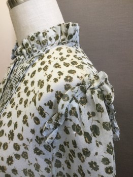 DVF, Lt Blue, Olive Green, Yellow, Silk, Floral, Light Blue Chiffon with Olive and Yellow Small Floral Print, Ruffled Stand Up Collar, Pleated Front  and Back, 1/2 Button Front, Long Sleeves,