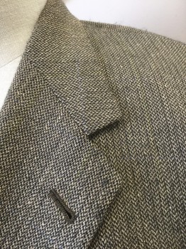 HART,SCHAFFNER& MARX, Brown, Beige, Wool, Speckled, Grid , Brown and Beige Chevron Specks with Faint Lime and Blue Grid Stripes, Single Breasted, Notched Lapel, 3 Buttons, 3 Pockets, Solid Brown Satin Lining