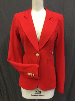 Womens, Blazer, SMYTHE, Red, Wool, Polyester, Solid, 2, Fine Worsted Wool, Wide Peaked Lapel. 1 Gold Button Closure Center Front, 4 Pockets, Cropped Center Back Panel
