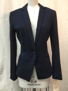 Womens, Blazer, H&M, Navy Blue, Polyester, Viscose, Solid, 4, Navy, Notched Lapel, 1 Button, 2 Pockets,