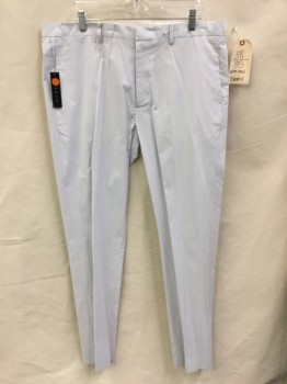 Mens, Slacks, THEORY, White, Gray, Cotton, Polyester, Stripes - Pin, 35, 38, White with Fine Gray Pinstripes, Flat Front, Zip Front, 4 Pockets