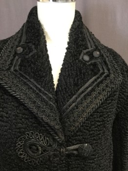 MTO, Black, Wool, Solid, Paisley/Swirls, Bouclette,3  Covered Buttons, Button Loops with Paisley Like Design, Diamond Shaped Collar W/ribbon Applique , Small Back Strap with 2 Buttons, Sleeve Cuffs with Rope Trim