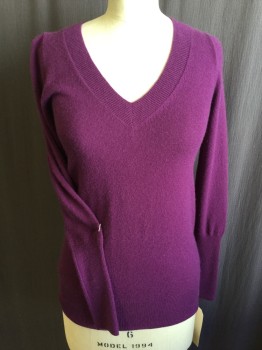 Womens, Pullover, J CREW, Magenta Pink, Cashmere, Solid, XS, Ribbed V-neck, Long Sleeves Cuffs & Hem