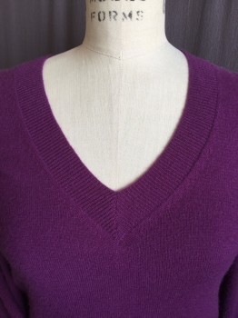 Womens, Pullover, J CREW, Magenta Pink, Cashmere, Solid, XS, Ribbed V-neck, Long Sleeves Cuffs & Hem