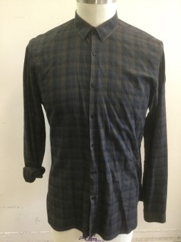 THE KOOPLES, Charcoal Gray, Brown, Cotton, Plaid-  Windowpane, Long Sleeve Button Front, Collar Attached, Slim Fit