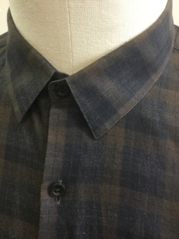 THE KOOPLES, Charcoal Gray, Brown, Cotton, Plaid-  Windowpane, Long Sleeve Button Front, Collar Attached, Slim Fit
