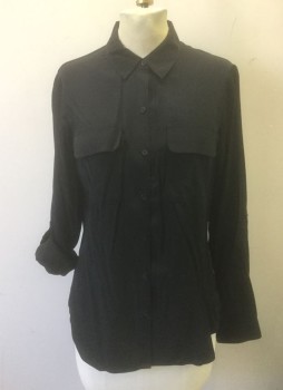 EXPRESS, Black, Polyester, Viscose, Solid, Long Sleeve Button Front, Collar Attached, 2 Pockets with Flap Closures, Buttons at Elbows (For Cuffing Sleeves)