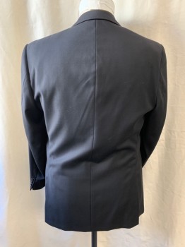 CALVIN KLEIN, Black, Wool, Solid, Notched Lapel, Single Breasted, Button Front, 2 Buttons, 3 Pockets