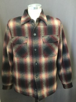 Mens, Casual Jacket, WOOLRICH, Red, Black, Tan Brown, Wool, Polyester, Plaid, M, Collar Attached, Button Front, Long Sleeves, Flap Pockets, Fleece LiningFC047815