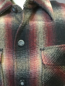 Mens, Casual Jacket, WOOLRICH, Red, Black, Tan Brown, Wool, Polyester, Plaid, M, Collar Attached, Button Front, Long Sleeves, Flap Pockets, Fleece LiningFC047815
