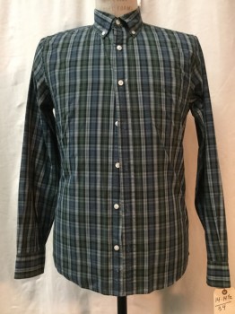 GH & BASS CO, Forest Green, Slate Blue, Black, Gray, Beige, Cotton, Plaid, Button Front, Button Down Collar, Long Sleeves, 1 Pocket,