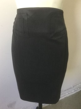 EXPRESS, Dk Gray, Polyester, Viscose, Solid, Pencil Skirt, Dropped Waist with Geometric Panels at Waist, Self Belted Detail at Center Back Waist, Vent at Center Back Hem, Knee Length
