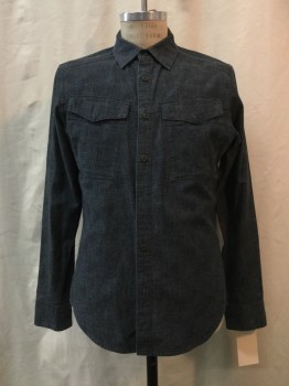 G STAR RAW, Navy Blue, Cotton, Heathered, Heather Navy, Button Front, Collar Attached, 2 Pockets, Long Sleeves,