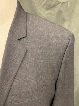 HUGO BOSS, Charcoal Gray, Black, Red, Wool, Plaid, Grid , Charcoal/Black Plaid with Red Grid, Button Front, Collar Attached, Notched Lapel, Hand Picked Collar/Lapel, 3 Pockets, 2 Buttons