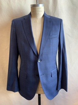 BOSS, Navy Blue, Midnight Blue, Lt Blue, Wool, Plaid, Heathered, Single Breasted, 2 Buttons,  Notched Lapel, Top Stitch, Double Vent Back