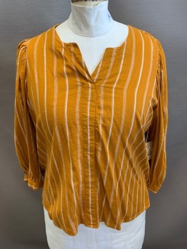 A.N.A. , Pumpkin Spice Orange, White, Cotton, Rayon, Stripes - Vertical , V-neck, Pullover, Long Sleeves