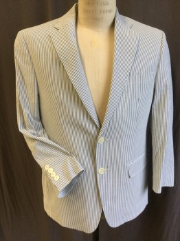 Mens, Suit, Jacket, RALPH LAUREN, White, Slate Blue, Cotton, Spandex, Stripes - Vertical , 33/26, 38S, 34/26, Notched Lapel, Single Breasted, 2 Button Front, 3 Pockets, Long Sleeves, Solid Cream and Off White/blue Paisley Lining, 1 Split Back Center Hem with 2 Prs 0f Matching Pants