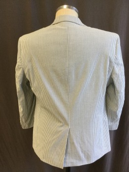Mens, Suit, Jacket, RALPH LAUREN, White, Slate Blue, Cotton, Spandex, Stripes - Vertical , 33/26, 38S, 34/26, Notched Lapel, Single Breasted, 2 Button Front, 3 Pockets, Long Sleeves, Solid Cream and Off White/blue Paisley Lining, 1 Split Back Center Hem with 2 Prs 0f Matching Pants