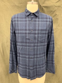 RAILS, Navy Blue, Slate Blue, Linen, Rayon, Plaid, Button Front, Collar Attached, 1 Pocket, Long Sleeves, Button Cuff
