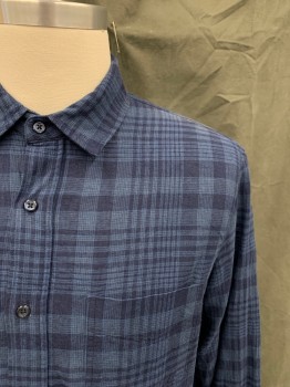 RAILS, Navy Blue, Slate Blue, Linen, Rayon, Plaid, Button Front, Collar Attached, 1 Pocket, Long Sleeves, Button Cuff