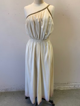 Womens, Historical Fiction Dress, N/l MTO, Off White, Taupe, Linen, Solid, W25-28, B:32, 1 Shoulder with 1 Asymmetric Strap, Taupe Gimp Trim at Bust and 1 Strap, Elastic Waist, Ankle Length, Dusty/Dirty Throughout, Made To Order