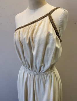 N/l MTO, Off White, Taupe, Linen, Solid, 1 Shoulder with 1 Asymmetric Strap, Taupe Gimp Trim at Bust and 1 Strap, Elastic Waist, Ankle Length, Dusty/Dirty Throughout, Made To Order