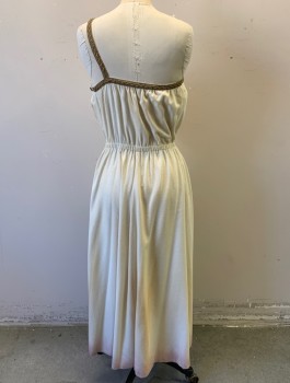 Womens, Historical Fiction Dress, N/l MTO, Off White, Taupe, Linen, Solid, W25-28, B:32, 1 Shoulder with 1 Asymmetric Strap, Taupe Gimp Trim at Bust and 1 Strap, Elastic Waist, Ankle Length, Dusty/Dirty Throughout, Made To Order