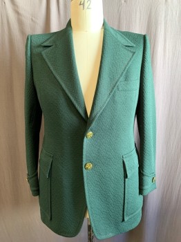 DORMAN WINTHROP, Dk Green, Polyester, Solid, Jagged Stripe Weave, Single Breasted, Collar Attached, Notched Lapel, 3 Pockets, Long Sleeves, Button Tab Cuff, Tab Attached Back Waist Band, 1970's