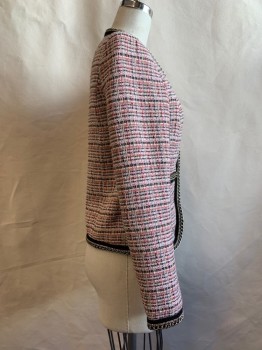 Womens, Blazer, ZARA, Pink, Salmon Pink, Black, Brown, Sea Foam Green, Cotton, Synthetic, Tweed, XS, Black & Silver Chain Trim, 2 Pockets (one with Missing Button), Hook & Eye Closures