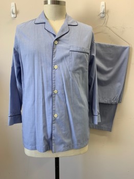 Mens, Sleepwear PJ Top, BROOKS BROTHERS, French Blue, Cotton, Check - Micro , L, Button Front, Collar Attached, Notched Lapel, Navy Piping Trim, 1 Pocket, Long Sleeves