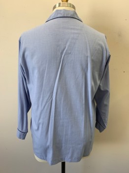 Mens, Sleepwear PJ Top, BROOKS BROTHERS, French Blue, Cotton, Check - Micro , L, Button Front, Collar Attached, Notched Lapel, Navy Piping Trim, 1 Pocket, Long Sleeves