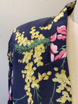 WHISTLES, Navy Blue, Butter Yellow, Pink, Sage Green, Silk, Floral, Single Breasted, Notched Lapel, 1 Gold Metallic Button, 2 Slanted Welt Pockets, Padded Shoulders